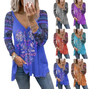 T-shirt donna scollo a V boho top donna maniche lunghe blusa pullover tunica magliette - Foto 1 di 16