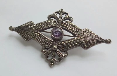 Broche prendedor antiguo Art Deco centro de marcasita amatista piedra preciosa plata esterlina Foto 1 de 4
