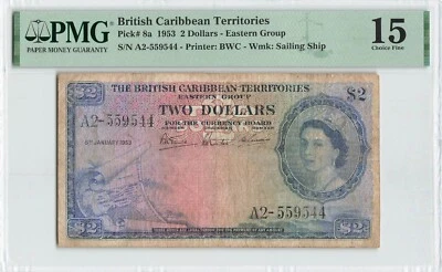 BRITISH CARIBBEAN TERRITORIES $2 Dollars 1953, P-8a RARE A2 Prefix, PMG 15 Fine. - Image 1 of 2