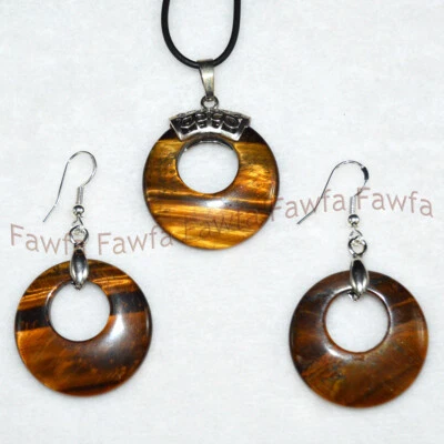 Conjunto de pendientes collar cuerda cuero colgante anillo redondo hueco ojo de tigre amarillo Foto 1 de 4