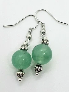 Green Aventurine 10mm Bead Drop Dangle Earrings w/ Silver Accents - Picture 1 of 4