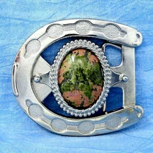 Western Horseshoe Belt Buckle Floral Pink Green Stone Cowboy Cowgirl Vtg .XTT369 - Picture 1 of 7