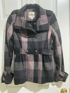 Vintage Juniors Plaid Peacoat Jacket Medium Coat Black Pink Hydraulic - Picture 1 of 7