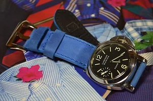 MA WATCH STRAP GENUINE YOUNG STEER LEATHER BUE HANDMADE BAND FOR PANERAI ETC - Picture 1 of 12