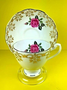 Roslyn Fine Bone China Pink Rose And Gold Teacup & Saucer Set - Picture 1 of 10