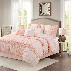 HIG 7 Piece Ruched Pleat Comforter Set White Romantic Bed in a Bag - King/Queen - Picture 1 of 24