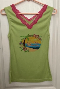Delicates Women Tank Top shirt Large Lime Green, Pink Lace  “La Isla Bonita” - Picture 1 of 7