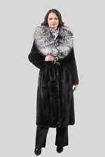 LUXURY FULL LENGTH BLACK MINK COAT with Lavish Silver Fox Collar And Fur Belt