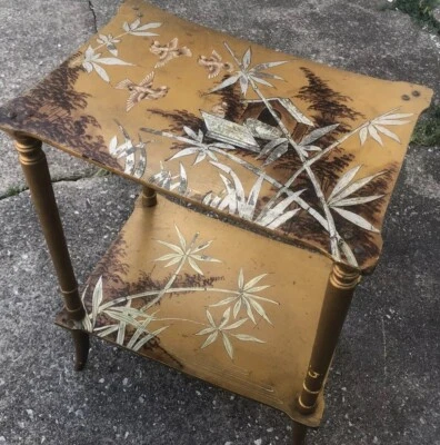 Antigua mesa china de madera china de 2 niveles de bambú y pájaros Foto 1 de 4