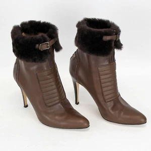 MANOLO BLAHNIK Luggina 38 8 M Shearling Booties Brown Leather Fur Cuff Stiletto - Picture 1 of 7