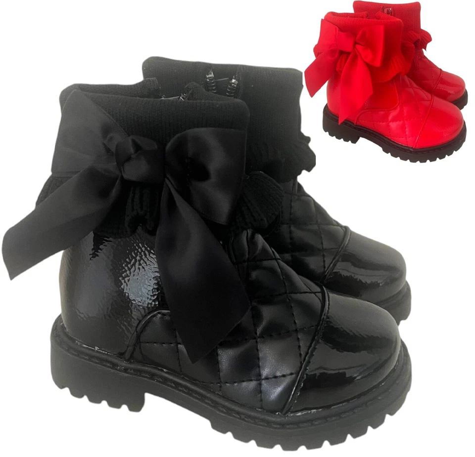 STIVALETTI BAMBINI SPAGNOLI FIOCCO RASO BAMBINA NEONATI VERNICE PIATTA INVERNALI ZIP TG.