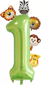 40 Inch Green Number 1 with Mini Jungle Animals Balloon, Jungle Birthday Decor - Picture 1 of 1