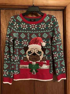 Holiday Christmas Sweater “It's Our Time” Girl Large Green/Red Sequin Puppy Dog - Picture 1 of 7