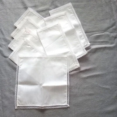 Vintage 8 White Linen Cotton Dessert Napkins Set Square 8.5" x 8.5" Lace Edge  - Image 1 of 4
