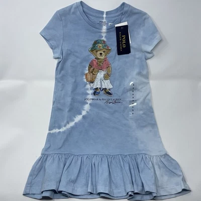 Polo Ralph Lauren Girls Size 5 Blue Polo Bear Dress Short Sleeve Ruffle Bottom - Image 1 of 4