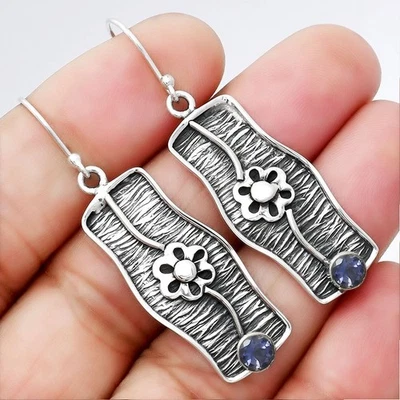 Natural Iolite - India 925 Sterling Silver Earrings Jewelry E-1179 - Image 1 of 4