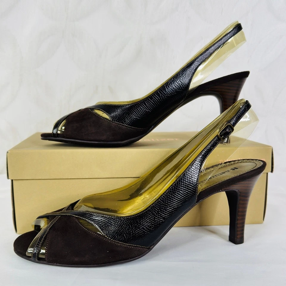 Bombas Naturalizer Entari Brown Lizard Slingback Peep Toe tamanho 10 - Imagem 1 de 4