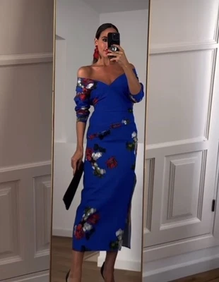 ZARA LIMITED EDITION Collection Floral Printed Royal Rich Blue Ruched Dress S - Image 1 of 4