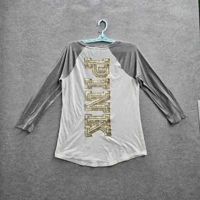 Victoria's Secret PINK Women Shirt M White Colorblock Raglan Sequin Logo Bling - Image 1 of 4