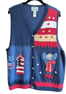 Quacker Factory Sweater Vest Womens Size L Patriotic Americana Flag Cottagecore - Picture 1 of 7