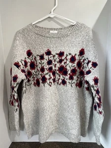 J. Jill Grey Red & Navy Floral Knit Cotton Sweater oversized. Size small. - Picture 1 of 5