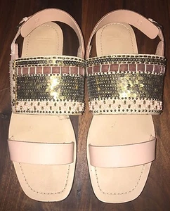 Zara Pink Leather Beaded Sequin Triple Strap Flat Sandals 9 40 M - Picture 1 of 7