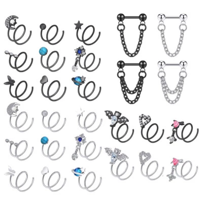 1PC Surgical Steel 20G Double Hoop Spiral Nose Rings & 16G Chain Nose Ring Stud - Image 1 of 4