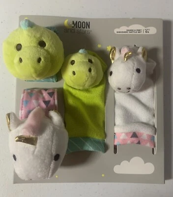 Luna y Estrellas Sonajero Set Manos Pies Descubrimiento Bebé Juguete Dinosaurios Unicornios Nuevo Foto 1 de 3