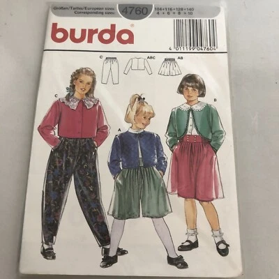 Burda Kids Pattern #4760 Girls 4 6 8 10 pants skirt culottes jacket Uncut - Image 1 of 3