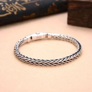 Solid Sterling Silver Mens Simple Braided Chain Buckle Cuff Bracelet Bangle - Picture 1 of 9