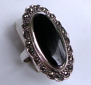 925 ECHT SILBER *** Großer Onyx-Markasit Ring, Größenauswahl - Picture 1 of 12
