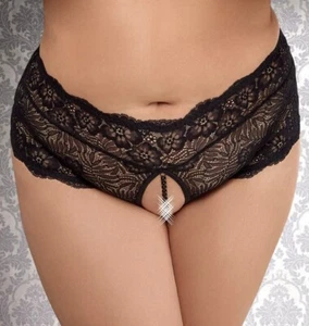 Plus Size Black Crotcless Panties with Pearls - Picture 1 of 15