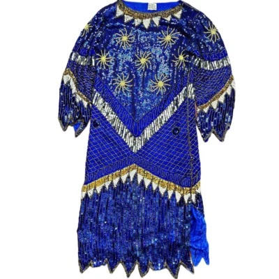 Impresionante Vestido de Cóctel Vintage SEDA INDIA Lentejuelas Completas Zafiro Azul Cuentas M Foto 1 de 4