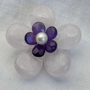Rose Quartz Amethyst Faux Pearl 925 M Silver Flower Pendant Brooch QVC - Picture 1 of 5