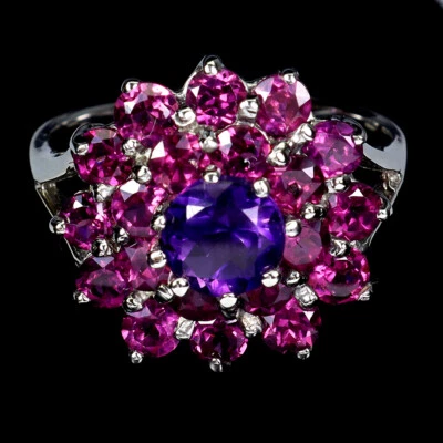 情人节 925 银戒指 圆形紫水晶 6 毫米红石宝石珠宝首饰 尺寸 8 — 第 1/4 张图片