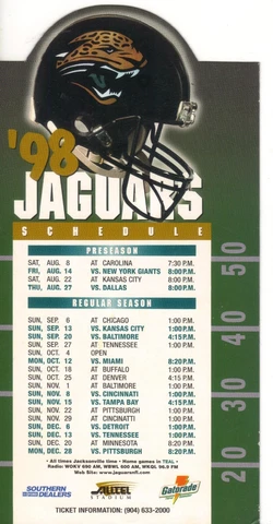 Official Jacksonville Jaguars 1998 Magnetic Schedule Cover