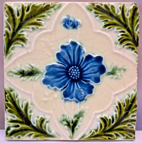 Antique English Tile Majolica Flower Motif Design Ceramic Architecture Rare "139 Cover