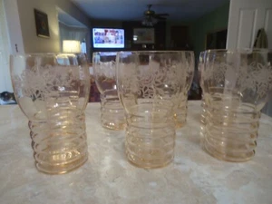 Set of 7 Pink Federal Tudor Ring 5" 12 oz. Iced Teas Rose Etching 1935 - Picture 1 of 5