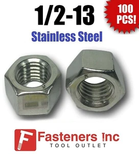 (Qty 100) 1/2-13 Stainless Steel Finished Hex Nuts 304 / 18-8 - Picture 1 of 2