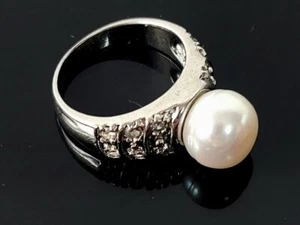 Freshwater Pearl & CZ Ring, Rhodium Plated Sterling Silver - Picture 1 of 6