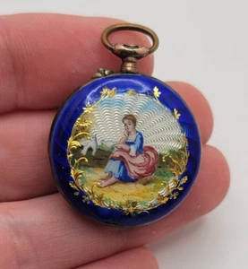 Antico orologio svizzero con ciondolo in argento e smalto guilloché manca corona COSÌ COM'È - Foto 1 di 6