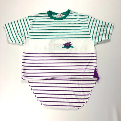 Vintage Hobie Womens T Shirt Green Purple Striped Sz L USA Boat 80s 90s Rare - Image 1 of 4