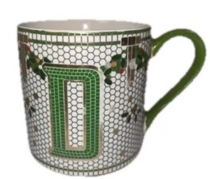 Anthropologie Holiday Monogram Mug – Letter D – Green Tile Mosaic Holly Design - Picture 1 of 9