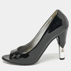 Chanel Black Patent Leather CC Pearl Embellished Peep Toe Pumps Size 385 - Picture 1 of 10