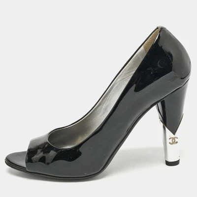 Chanel Black Patent Leather CC Pearl Embellished Peep Toe Pumps Size 385 - Image 1 of 4