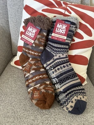 Muk Luks Winter Geometric Cabin Socks Warm & Cozy Slip Resistant L/XL -Two Pairs - Image 1 of 4