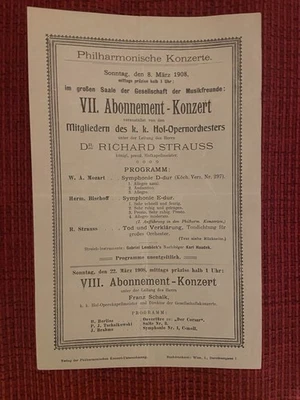 RICHARD STRAUSS Mozart Bischoff  Vienna Philharmonic Concert Program 8.3.1908 - Bild 1 von 2