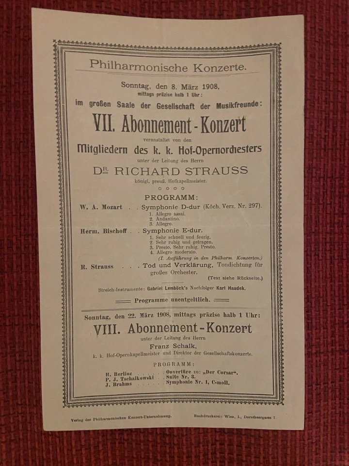 RICHARD STRAUSS Mozart Bischoff  Vienna Philharmonic Concert Program 8.3.1908 - Bild 1 von 2