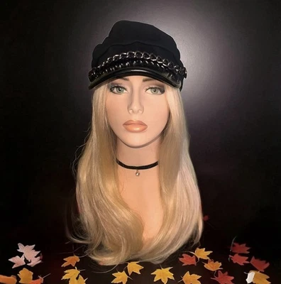 Unisex Negro PU Newsboy Sombrero Panadero Niño Gorra Marinero Cabbie Boina con Cadena Decoración Foto 1 de 4