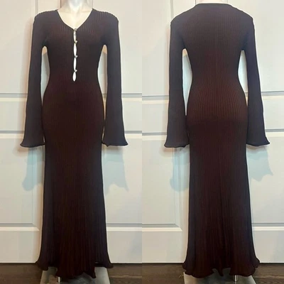 Maxi Vestido H&M Edición Marrón Oscuro Acanalado Manga Larga Plateado Botón Frontal S Foto 1 de 4